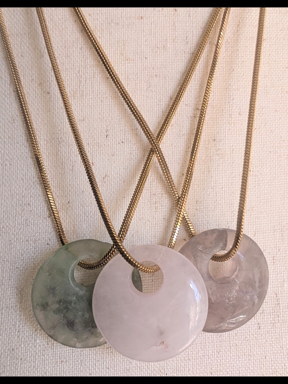 Gold Chain Three-Stone Quartz Pendant Necklaces - Pink, Green, Gray - Picture 7 of 14